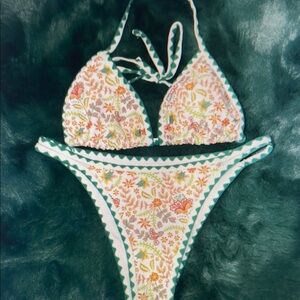 Floral Bikini Set with Green Trim
